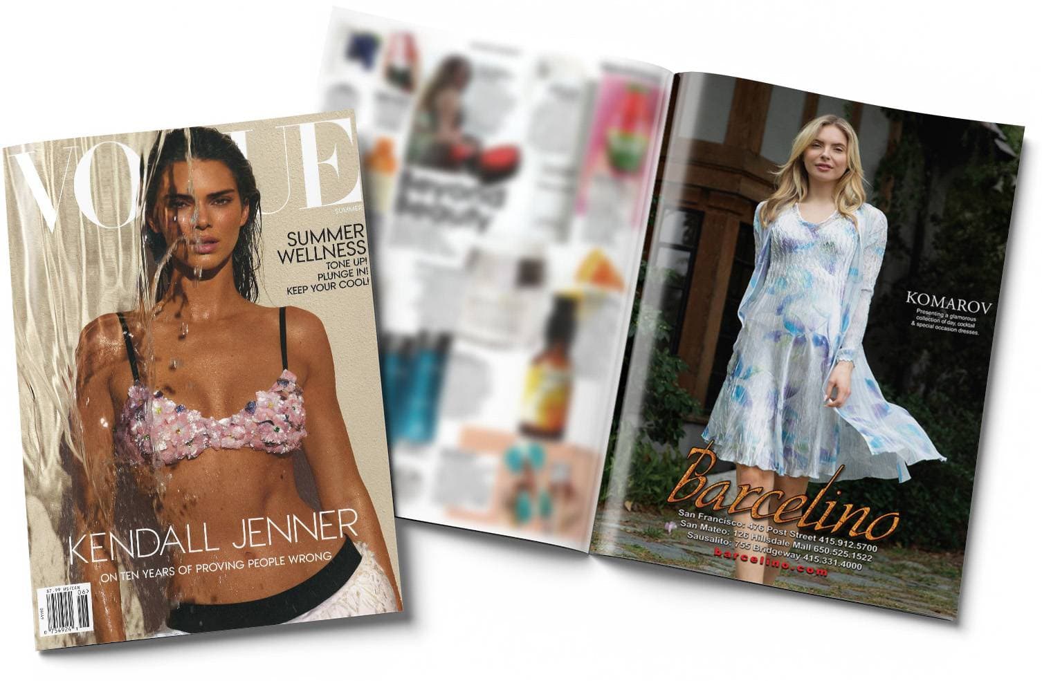 Vogue magazine spread featuring Barcelino's Komarov collection, showing elegant fashion photography with sophisticated styling and editorial layout, highlighting the brand's press coverage in high-end fashion publications